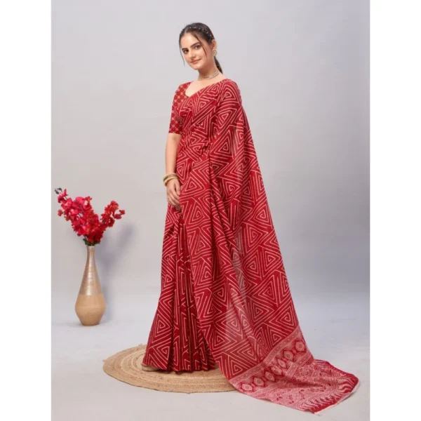 Women's Cotton Ajrakh Printed Saree With Unstitched Blouse 5.5Mtr (Red) - Image 3