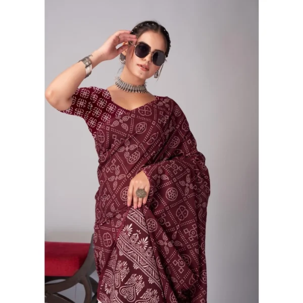 Women's Cotton Ajrakh Printed Saree With Unstitched Blouse 5.5Mtr (Brown) - Image 3