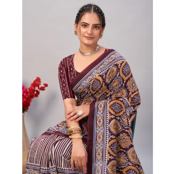 Women's Cotton Ajrakh Printed Saree With Unstitched Blouse 5.5Mtr (Brown) - Image 2
