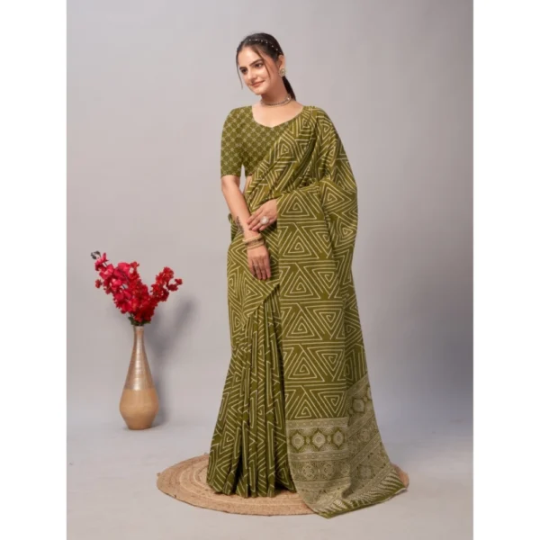 Women's Cotton Ajrakh Printed Saree With Unstitched Blouse 5.5Mtr (Green) - Image 4