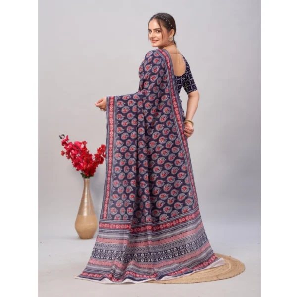 Women's Cotton Ajrakh Printed Saree With Unstitched Blouse 5.5Mtr (Navy Blue) - Image 2