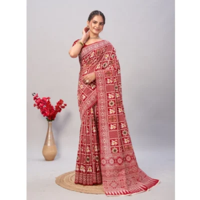 Women's Cotton Ajrakh Printed Saree With Unstitched Blouse 5.5Mtr (Red)