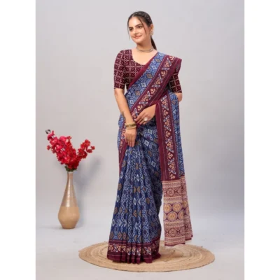 Women's Cotton Ajrakh Printed Saree With Unstitched Blouse 5.5Mtr (Blue)
