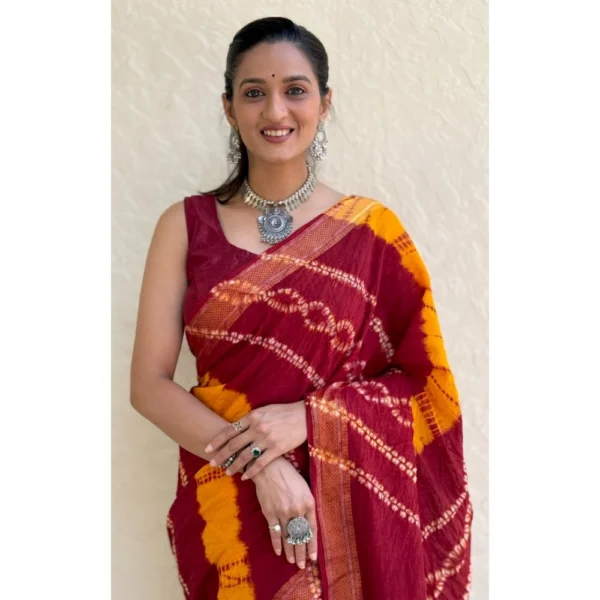 Women's Cotton Shibori Printed Saree With Unstitched Blouse 5.5Mtr (Red) - Image 2