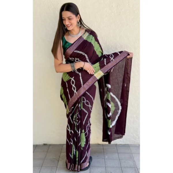 Women's Cotton Shibori Printed Saree With Unstitched Blouse 5.5Mtr (Coffee) - Image 4