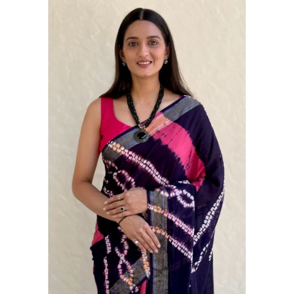 Women's Cotton Shibori Printed Saree With Unstitched Blouse 5.5Mtr (Blue) - Image 2