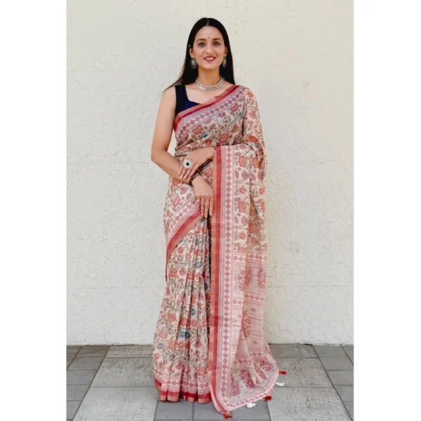 Women's Cotton Slub Printed Saree With Unstitched Blouse 5.5Mtr (Red) - Image 4