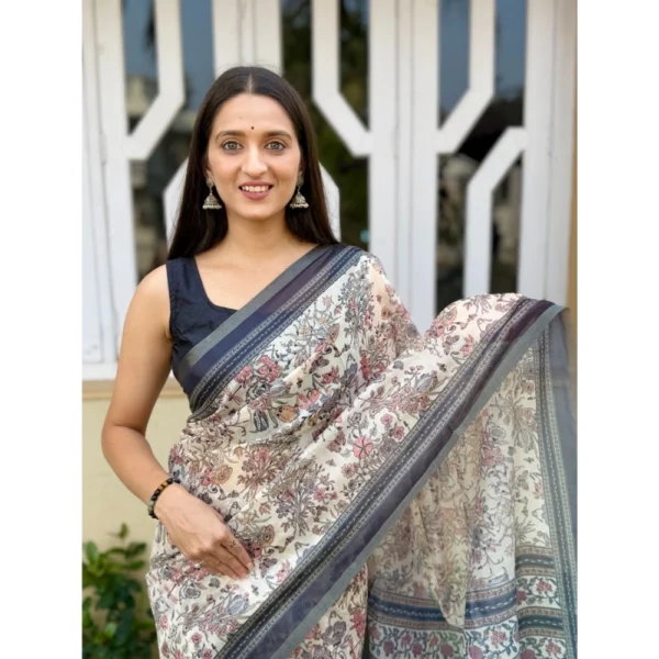 Women's Cotton Slub Printed Saree With Unstitched Blouse 5.5Mtr (Grey) - Image 2