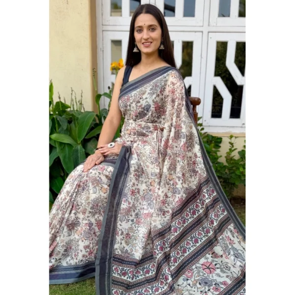 Women's Cotton Slub Printed Saree With Unstitched Blouse 5.5Mtr (Grey) - Image 3