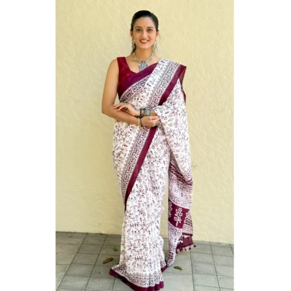 Women's Bhagalpuri Silk Warli Printed Saree With Unstitched Blouse 5.5Mtr (Wine) - Image 3