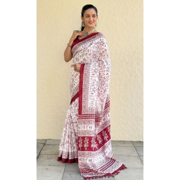 Women's Bhagalpuri Silk Warli Printed Saree With Unstitched Blouse 5.5Mtr (Maroon) - Image 4