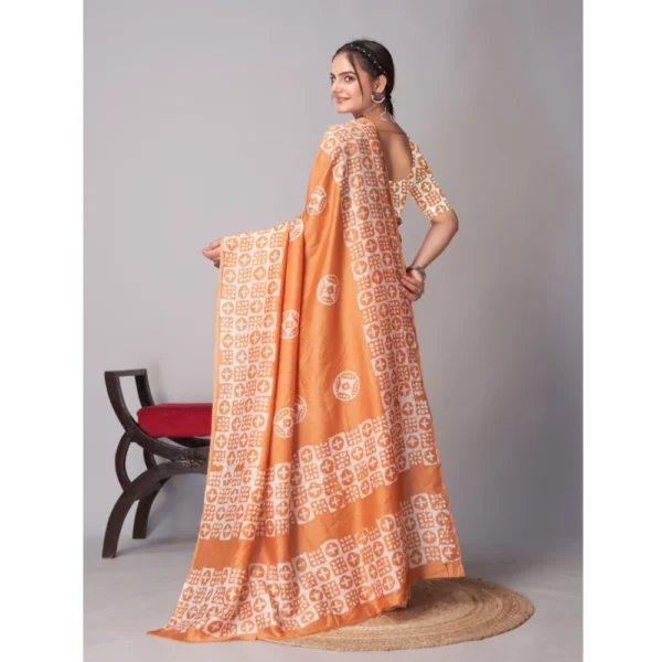 Women's Chanderi Cotton Batik Printed Saree With Unstitched Blouse 5.5Mtr (Orange) - Image 3