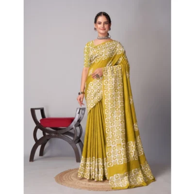 Women's Chanderi Cotton Batik Printed Saree With Unstitched Blouse 5.5Mtr (Mustard)