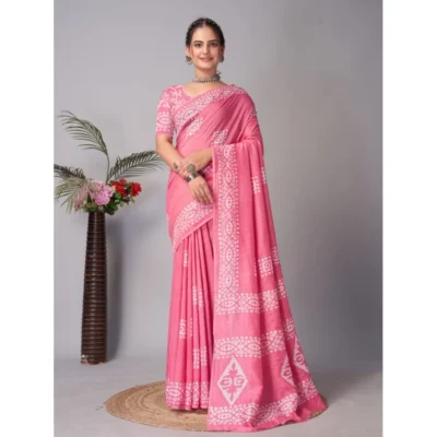 Women's Chanderi Cotton Batik Printed Saree With Unstitched Blouse 5.5Mtr (Pink)
