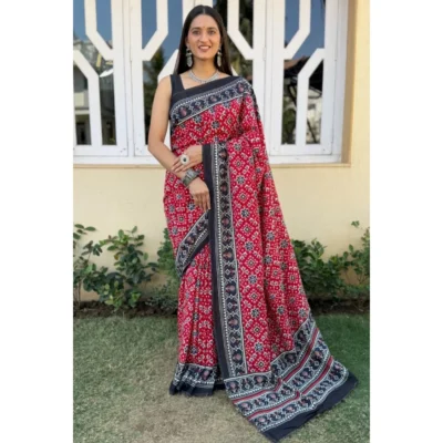 Women's Cotton Ajrakh Printed Saree With Unstitched Blouse 5.5Mtr (Red)