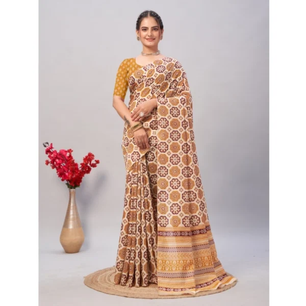 Women's Cotton Ajrakh Printed Saree With Unstitched Blouse 5.5Mtr (Mustard)