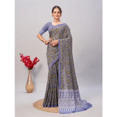 Women's Cotton Ajrakh Printed Saree With Unstitched Blouse 5.5Mtr (Purple)