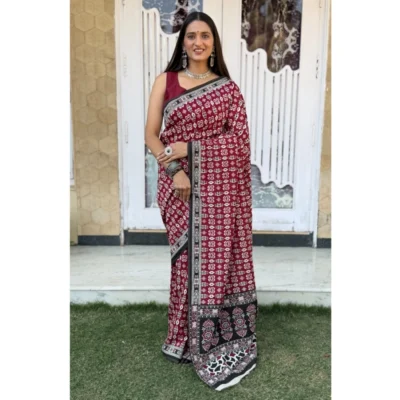Women's Cotton Ajrakh Printed Saree With Unstitched Blouse 5.5Mtr (Red)