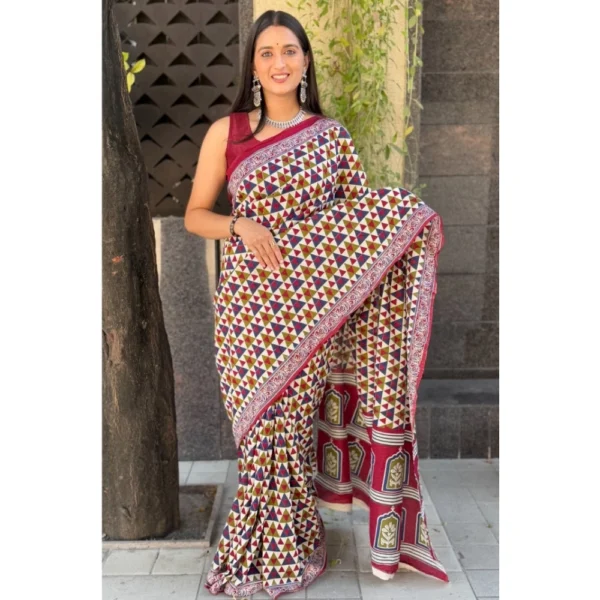Women's Cotton Ajrakh Printed Saree With Unstitched Blouse 5.5Mtr (Multicolor) - Image 3