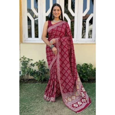 Women's Cotton Ajrakh Printed Saree With Unstitched Blouse 5.5Mtr (Red)