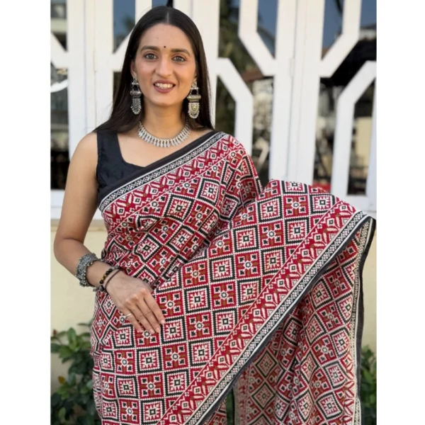 Women's Cotton Ajrakh Printed Saree With Unstitched Blouse 5.5Mtr (Multicolor) - Image 2