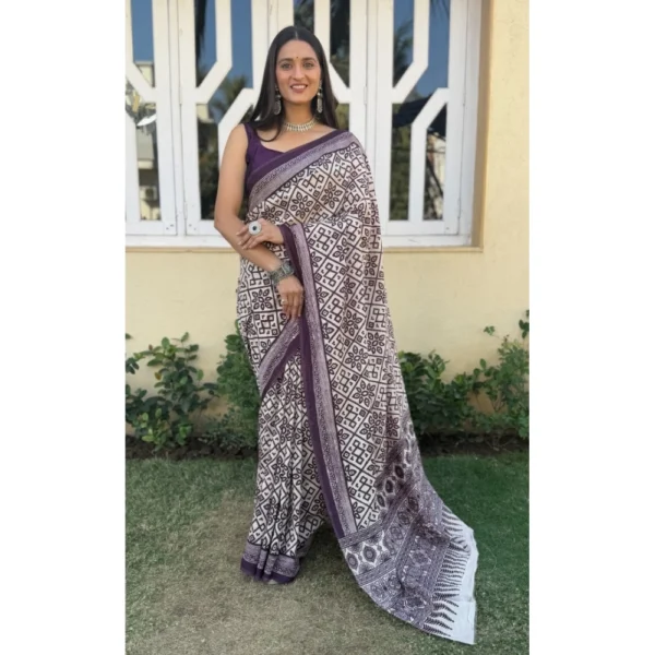 Women's Cotton Ajrakh Printed Saree With Unstitched Blouse 5.5Mtr (Purple) - Image 4