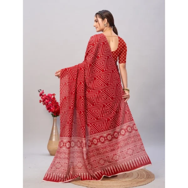 Women's Cotton Ajrakh Printed Saree With Unstitched Blouse 5.5Mtr (Red) - Image 2