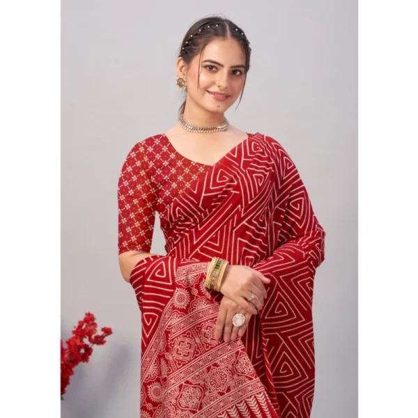 Women's Cotton Ajrakh Printed Saree With Unstitched Blouse 5.5Mtr (Red) - Image 4