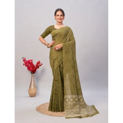 Women's Cotton Ajrakh Printed Saree With Unstitched Blouse 5.5Mtr (Green)