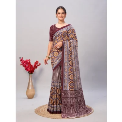 Women's Cotton Ajrakh Printed Saree With Unstitched Blouse 5.5Mtr (Brown)
