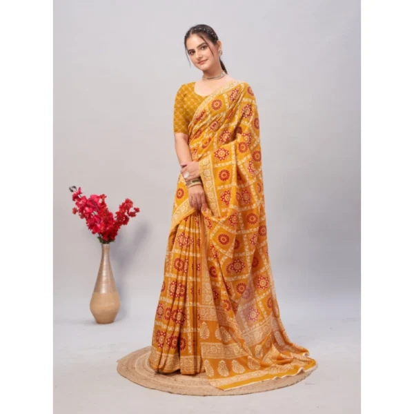 Women's Cotton Ajrakh Printed Saree With Unstitched Blouse 5.5Mtr (Mustard) - Image 3