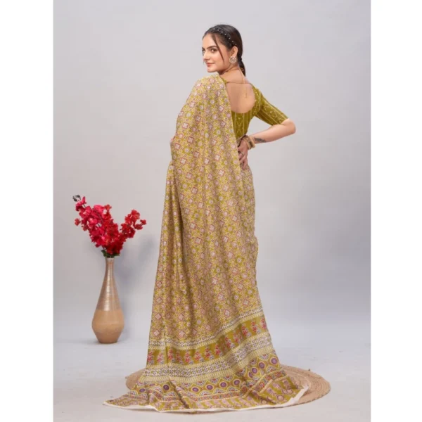 Women's Cotton Ajrakh Printed Saree With Unstitched Blouse 5.5Mtr (Green) - Image 2