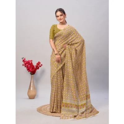 Women's Cotton Ajrakh Printed Saree With Unstitched Blouse 5.5Mtr (Green)
