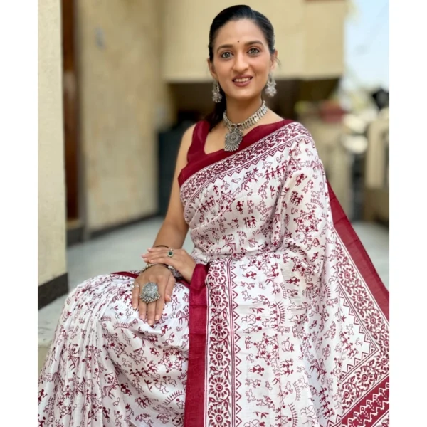Women's Bhagalpuri Silk Warli Printed Saree With Unstitched Blouse 5.5Mtr (Maroon) - Image 2