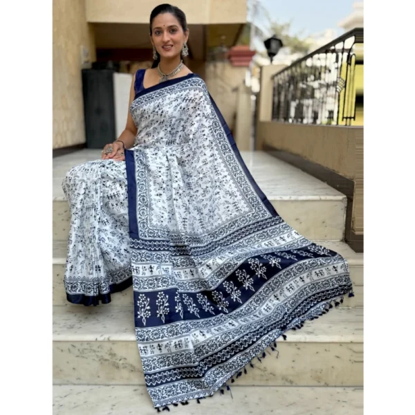 Women's Bhagalpuri Silk Warli Printed Saree With Unstitched Blouse 5.5Mtr (Blue) - Image 3