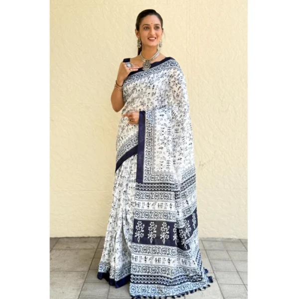 Women's Bhagalpuri Silk Warli Printed Saree With Unstitched Blouse 5.5Mtr (Blue) - Image 4