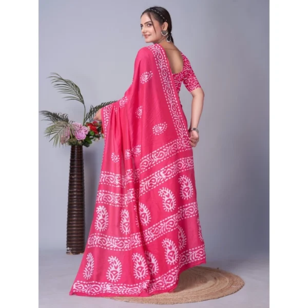 Women's Chanderi Cotton Batik Printed Saree With Unstitched Blouse 5.5Mtr (Pink) - Image 4