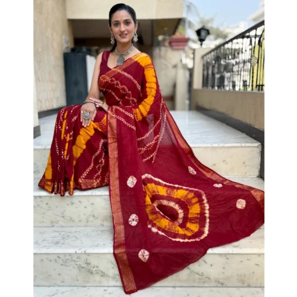 Women's Cotton Shibori Printed Saree With Unstitched Blouse 5.5Mtr (Red) - Image 3