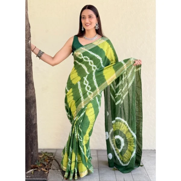 Women's Cotton Shibori Printed Saree With Unstitched Blouse 5.5Mtr (Green) - Image 2