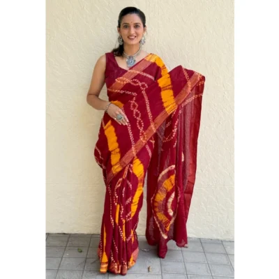 Women's Cotton Shibori Printed Saree With Unstitched Blouse 5.5Mtr (Red)