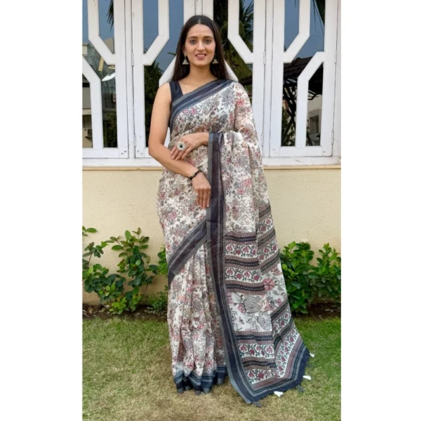 Women's Cotton Slub Printed Saree With Unstitched Blouse 5.5Mtr (Grey) - Image 4