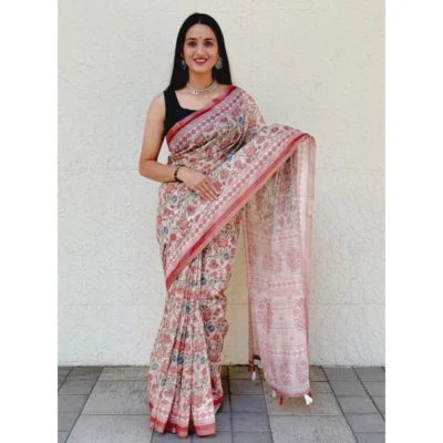Women's Cotton Slub Printed Saree With Unstitched Blouse 5.5Mtr (Red)