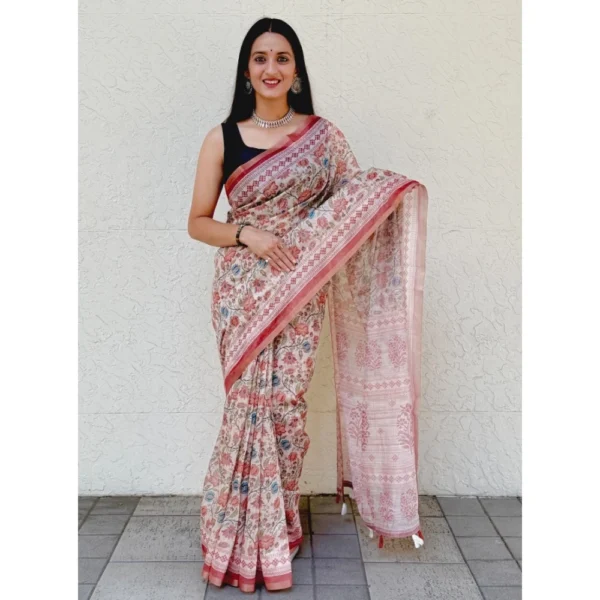 Women's Cotton Slub Printed Saree With Unstitched Blouse 5.5Mtr (Red)