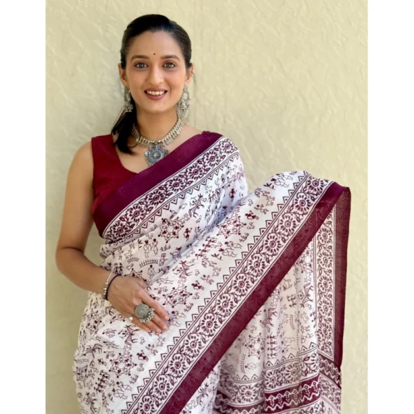 Women's Bhagalpuri Silk Warli Printed Saree With Unstitched Blouse 5.5Mtr (Wine) - Image 2