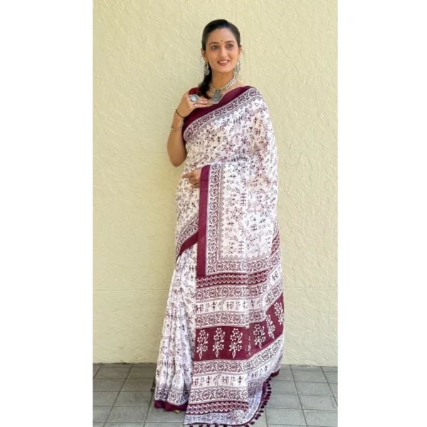 Women's Bhagalpuri Silk Warli Printed Saree With Unstitched Blouse 5.5Mtr (Wine) - Image 4