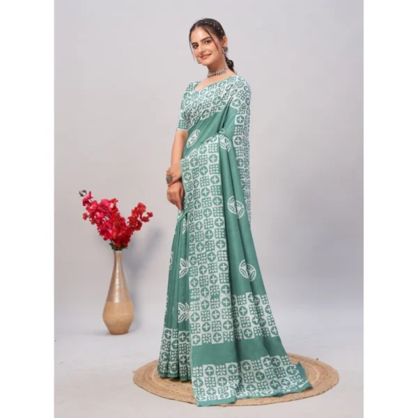 Women's Chanderi Cotton Batik Printed Saree With Unstitched Blouse 5.5Mtr (Pista) - Image 2