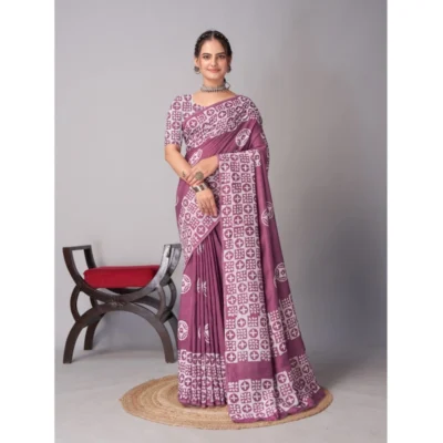 Women's Chanderi Cotton Batik Printed Saree With Unstitched Blouse 5.5Mtr (Wine)