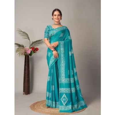 Women's Chanderi Cotton Batik Printed Saree With Unstitched Blouse 5.5Mtr (Rama)