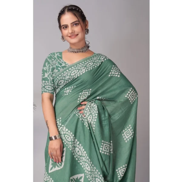 Women's Chanderi Cotton Batik Printed Saree With Unstitched Blouse 5.5Mtr (Green) - Image 3