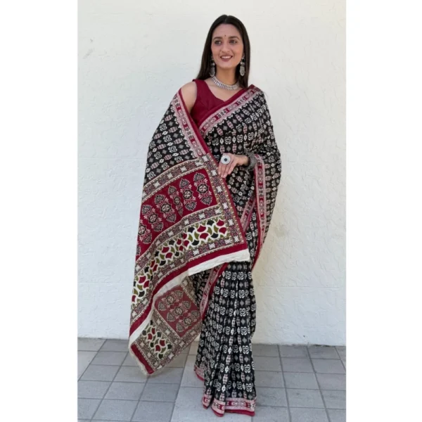 Women's Cotton Ajrakh Printed Saree With Unstitched Blouse 5.5Mtr (Black) - Image 2